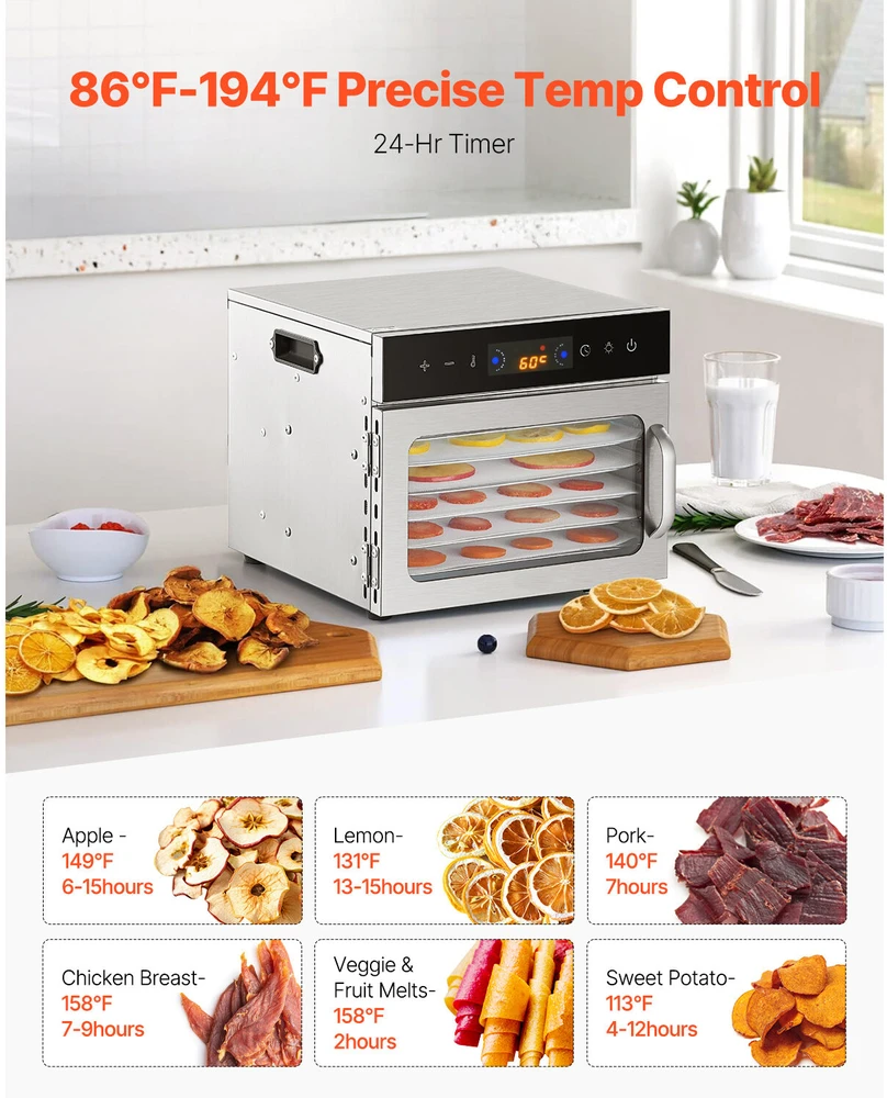 VEVOR 6 dėklų maisto džiovintuvas nerūdijantis plienas 400W