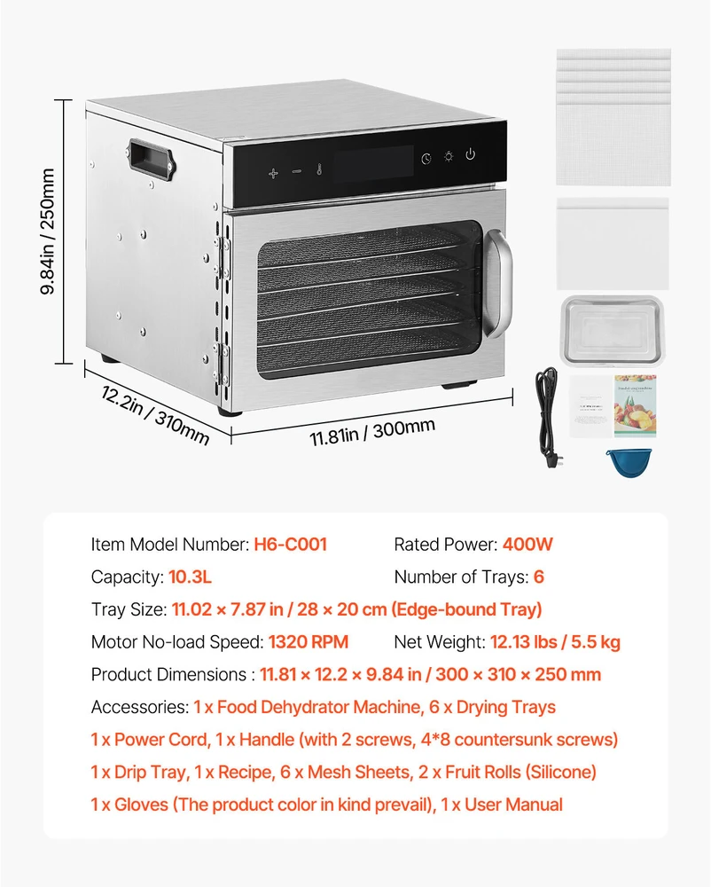 VEVOR 6 dėklų maisto džiovintuvas nerūdijantis plienas 400W