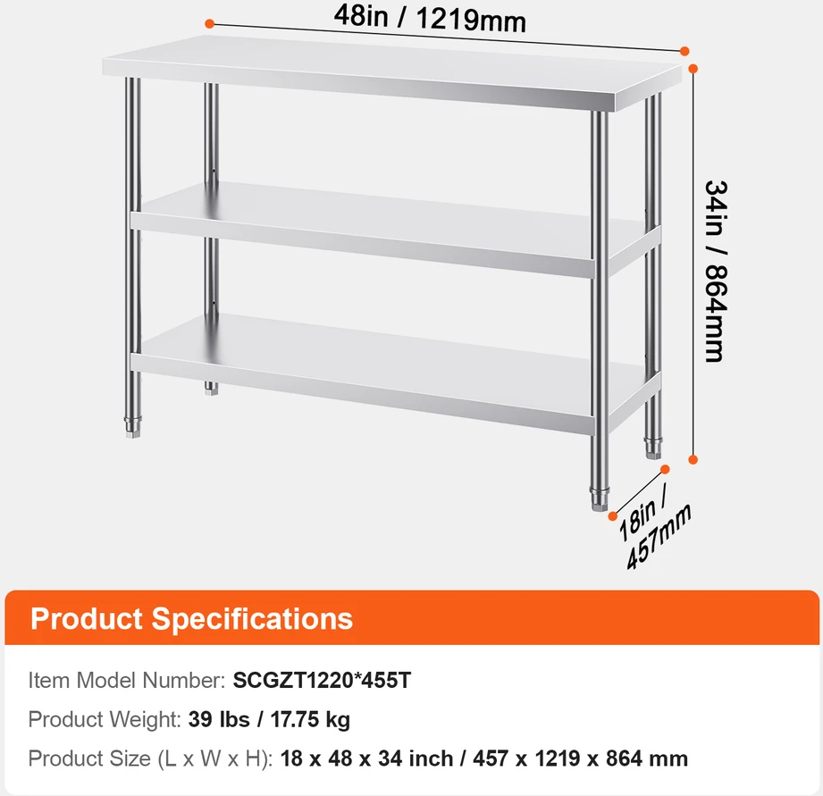 VEVOR Nerūdijančio plieno virtuvinis stalas 45x121 cm