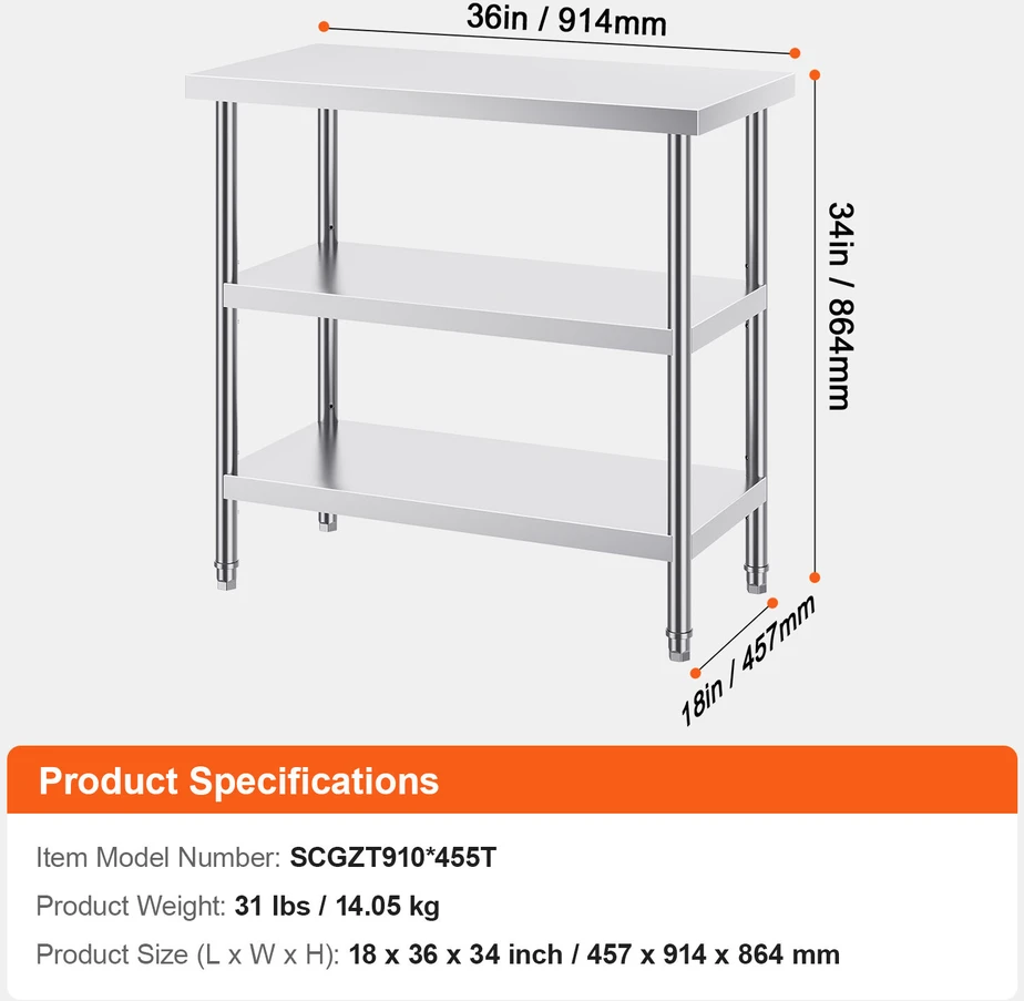 VEVOR Nerūdijančio plieno virtuvinis stalas 45x91 cm