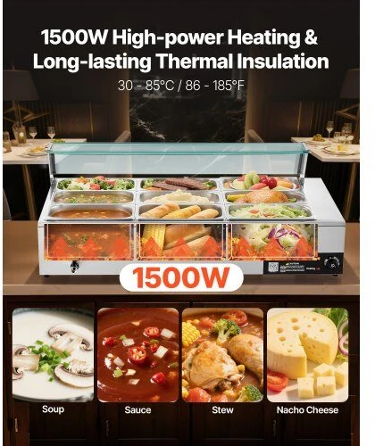 VEVOR Maistiniams produktams šildytuvas 1500W su stikline danga, 9 padėklai
