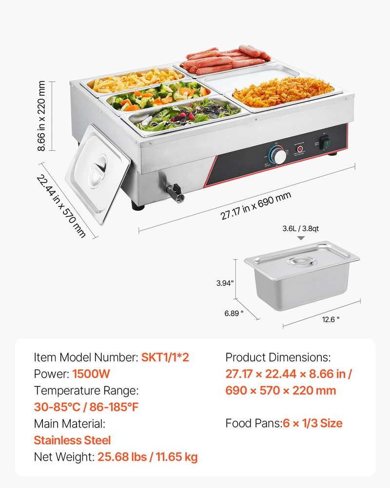 VEVOR Elektrinis maisto šildytuvas iš nerūdijančio plieno, 1500W
