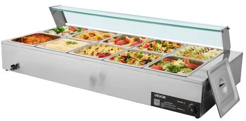 VEVOR Komercinis elektrinis maisto šildytuvas, 10 x 8 litrų talpos, nerūdijančio plieno bufeto serveris, su stiklo apsauga, viešbučiams, kavinėms, vakarėliams