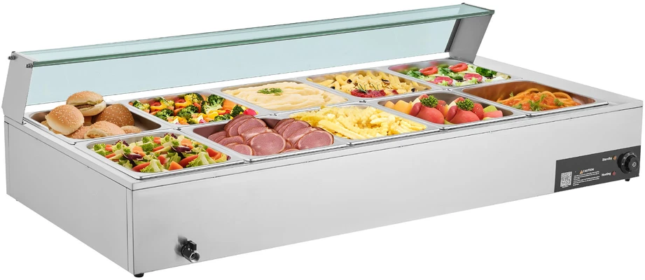 VEVOR Komercinis elektrinis maisto šildytuvas, 10 x 8 litrų talpos, nerūdijančio plieno bufeto serveris, su stiklo apsauga, viešbučiams, kavinėms, vakarėliams