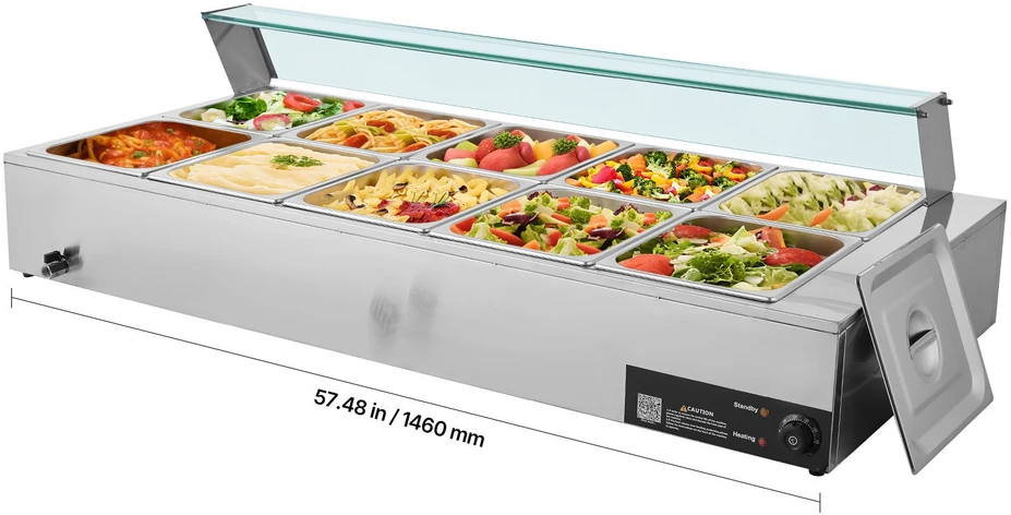 VEVOR Komercinis elektrinis maisto šildytuvas, 10 x 8 litrų talpos, nerūdijančio plieno bufeto serveris, su stiklo apsauga, viešbučiams, kavinėms, vakarėliams