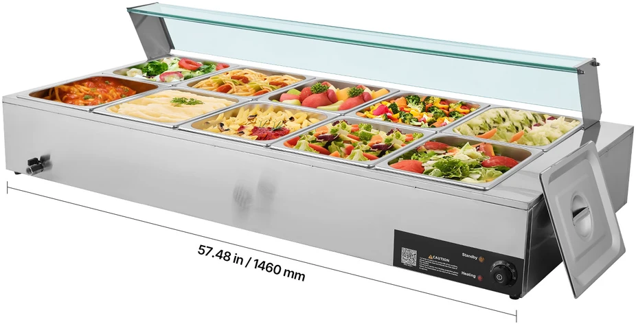 VEVOR Komercinis elektrinis maisto šildytuvas, 10 x 8 litrų talpos, nerūdijančio plieno bufeto serveris, su stiklo apsauga, viešbučiams, kavinėms, vakarėliams