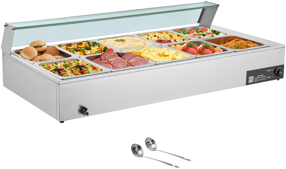 VEVOR Komercinis elektrinis maisto šildytuvas, 10 x 8 litrų talpos, nerūdijančio plieno bufeto serveris, su stiklo apsauga, viešbučiams, kavinėms, vakarėliams
