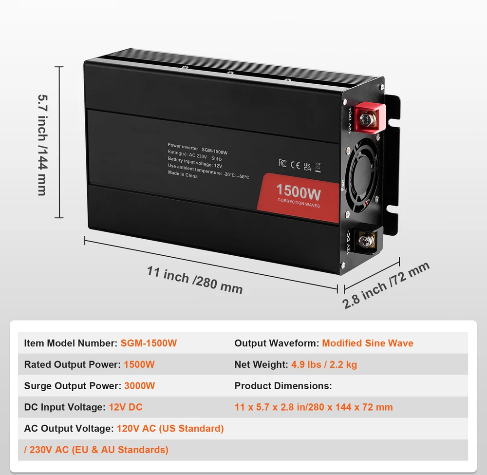 VEVOR Modifikuotas sinusinis keitiklis 1500W 12V į 230V