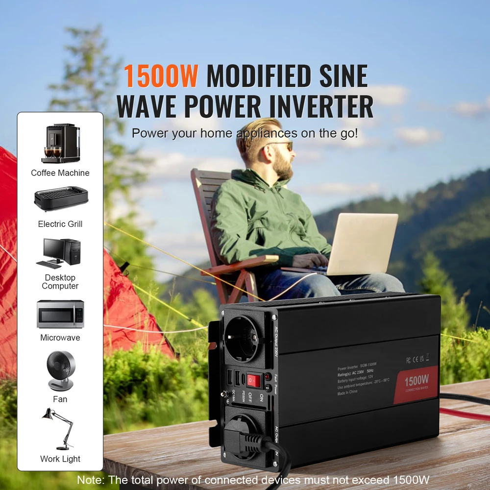 VEVOR Modifikuotas sinusinis keitiklis 1500W 12V į 230V