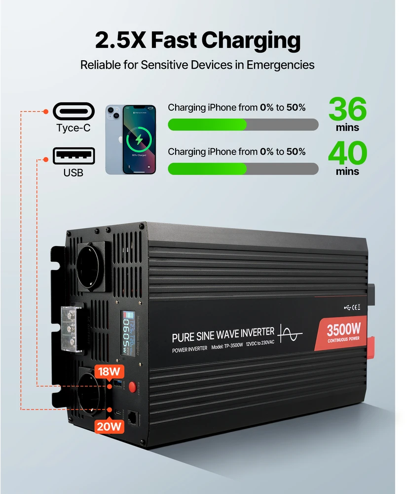 VEVOR 3500W galios keitiklis, 12V DC iki 230V AC
