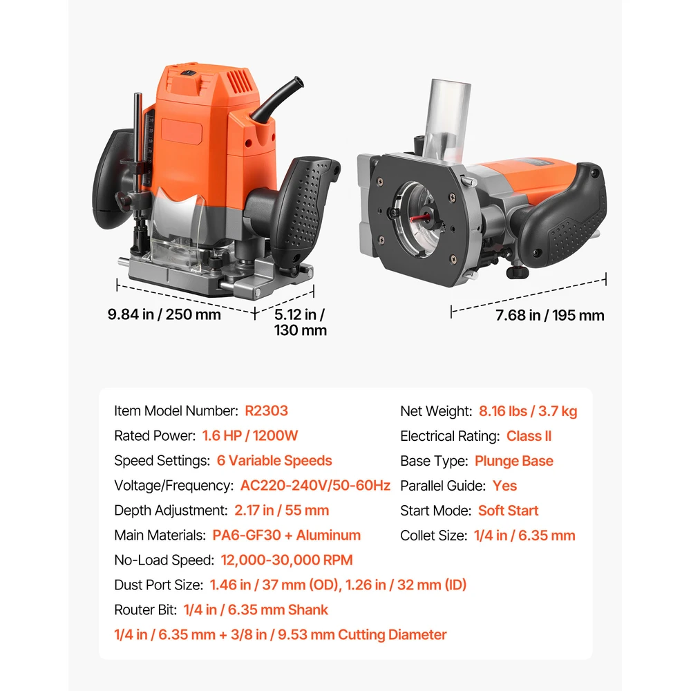 VEVOR Medžio freza 1,6 AG 1200 W