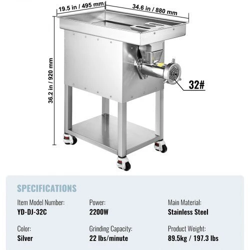 VEVOR Pramoninė elektrinė mėsmalė 89 kg, 22 kg/min 2200 W