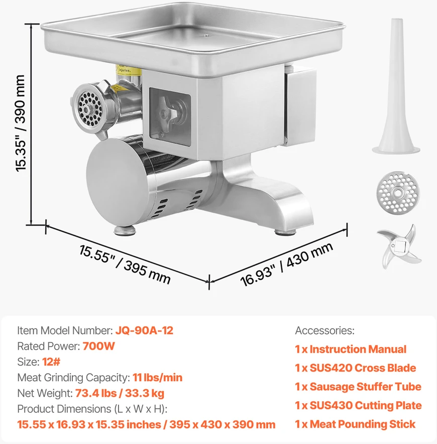 VEVOR Elektrinė mėsmalė 11 kg/min dešrų gaminimui