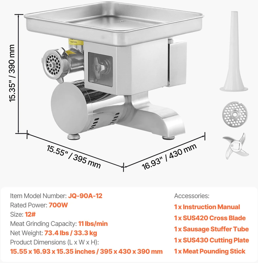 VEVOR Elektrinė mėsmalė 11 kg/min dešrų gaminimui