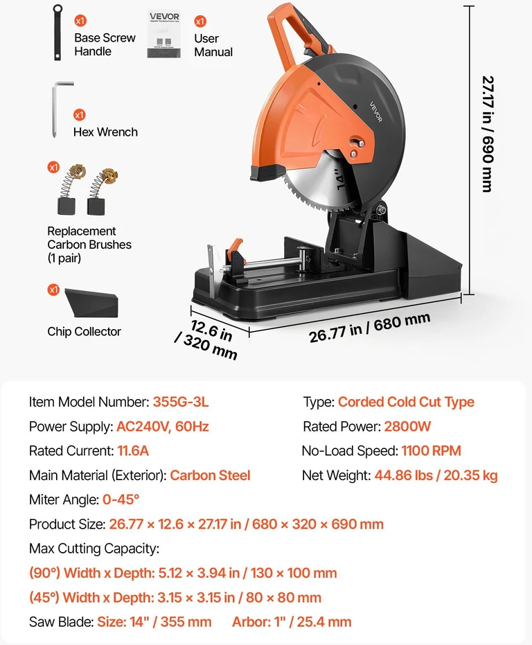 Metalo pjovimo staklės VEVOR 355G-3L, 2800 W