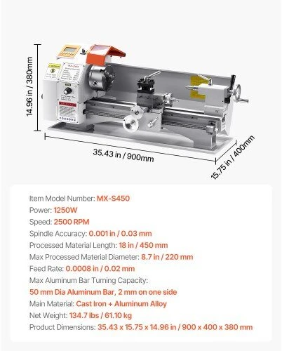 VEVOR Metalo tekinimo staklės 22 x 45 cm, automatinis padavimas