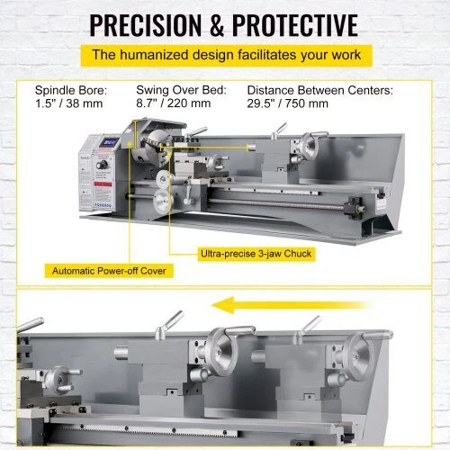 VEVOR 1100W mini metalo tekinimo staklės 220x750 mm