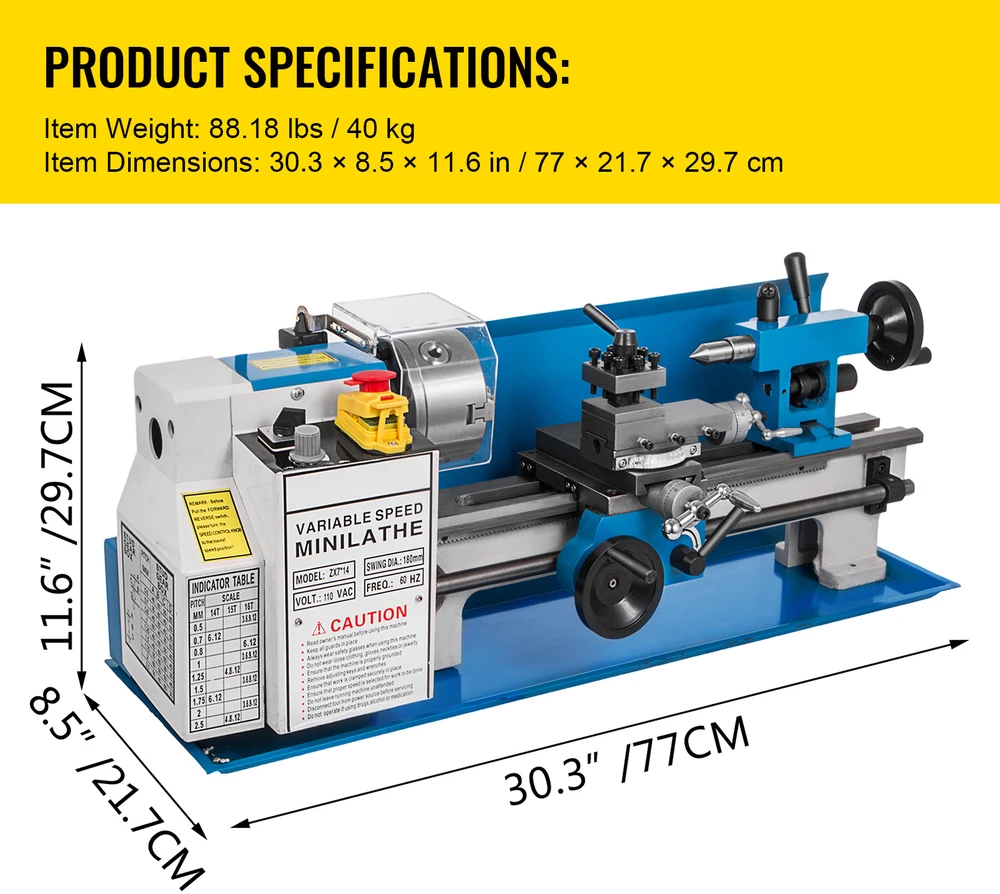 VEVOR Mini metalo tekinimo staklės 550 W, 50-2500 RPM