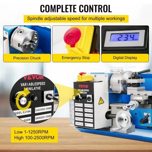 VEVOR Mini metalo tekinimo staklės, 550W kintamas greitis