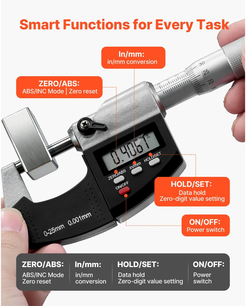 VEVOR Mikrometrų rinkinys: skaitmeninis išorinis mikrometras 0–25,4 mm