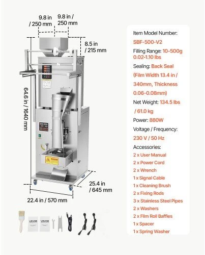 Automatinė birių produktų pakavimo ir sandarinimo mašina VEVOR SBF-500-V2, 10–500g