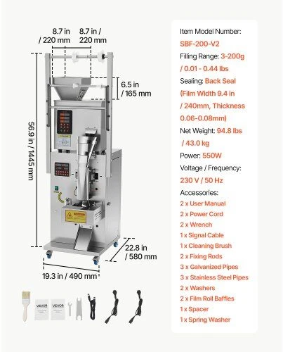 Birių produktų dozavimo ir pakavimo aparatas VEVOR SBF-200-V2, 3–200 g
