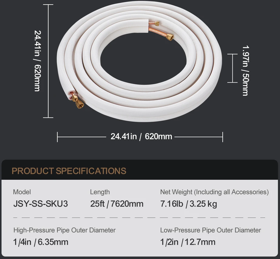 VEVOR 7620 mm mini split vamzdynų komplektas, varis ir izoliacija