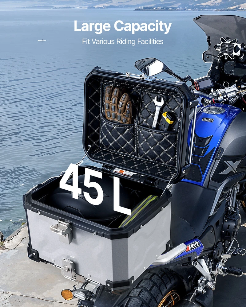 VEVOR Motociklo daiktadėžė 45L su odiniu pamušalu