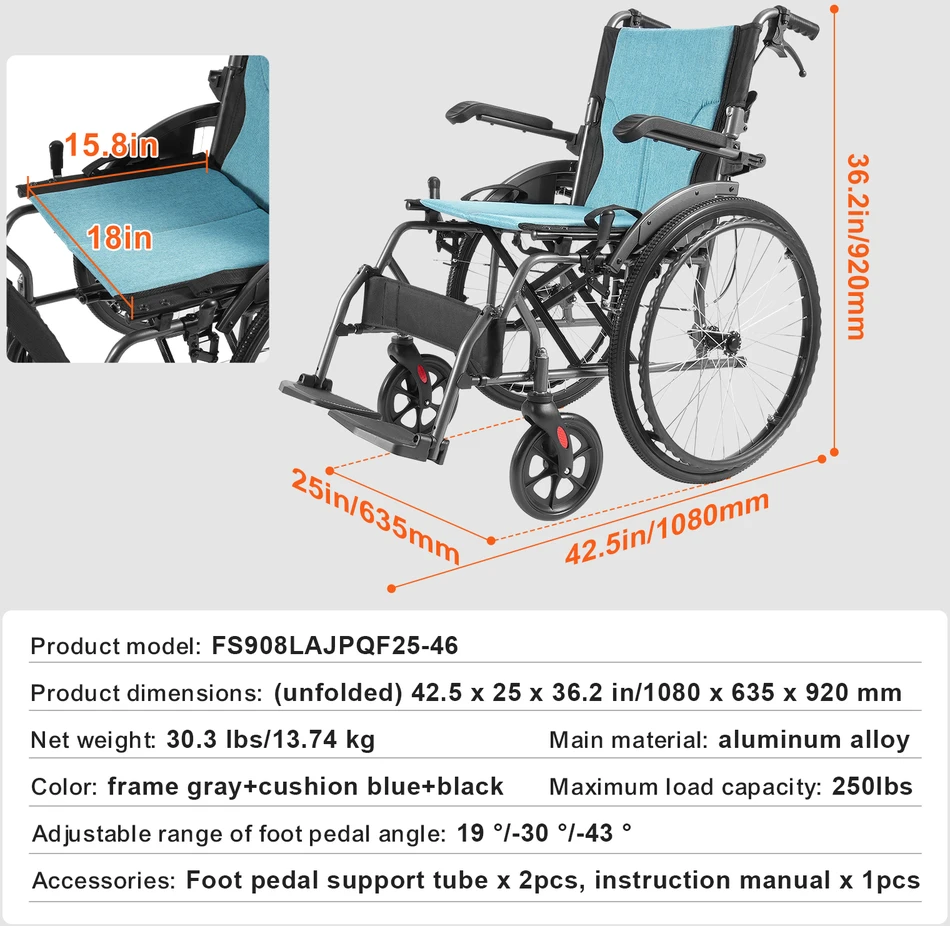 VEVOR Lengvas aliuminis neįgaliojo vežimėlis