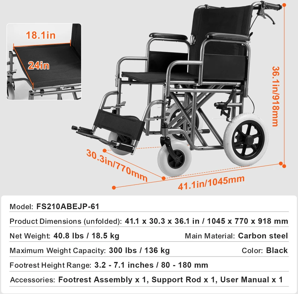 VEVOR Sulankstoma plieninė neįgaliojo vežimėlis 61 cm
