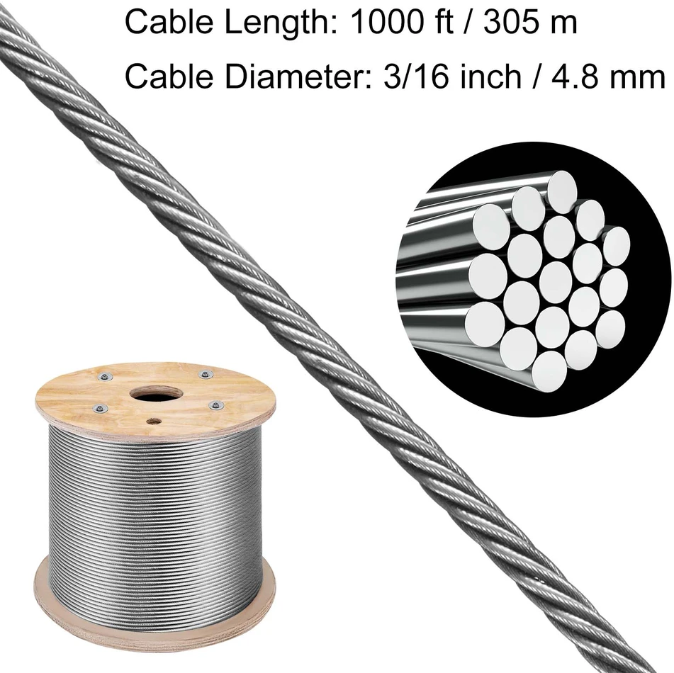 VEVOR T316 nerūdijančio plieno kabelis 3/16"x 305 m
