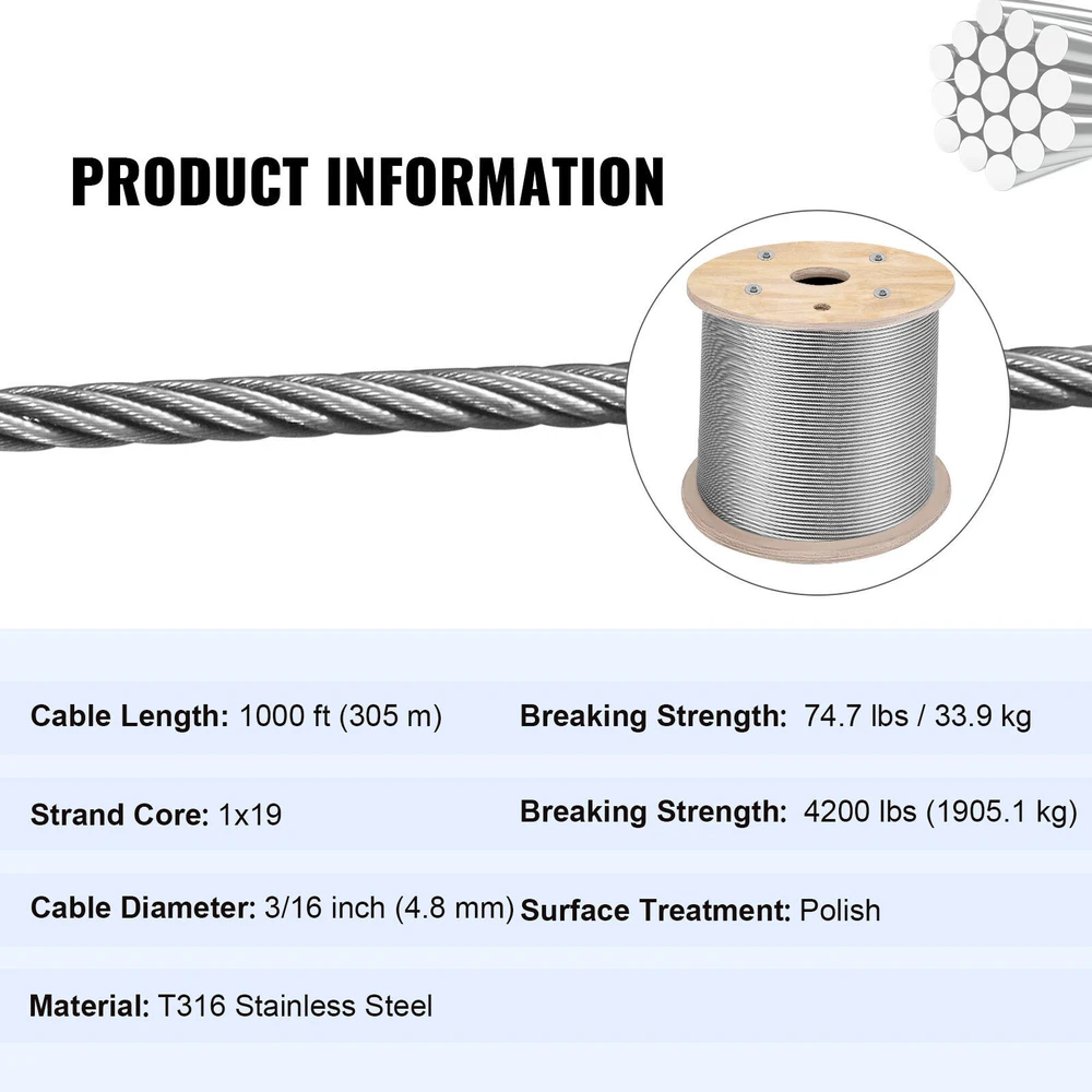 VEVOR T316 nerūdijančio plieno kabelis 3/16"x 305 m