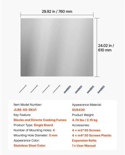 VEVOR 76x61 cm nerūdijančio plieno apsauga sienai prie viryklės