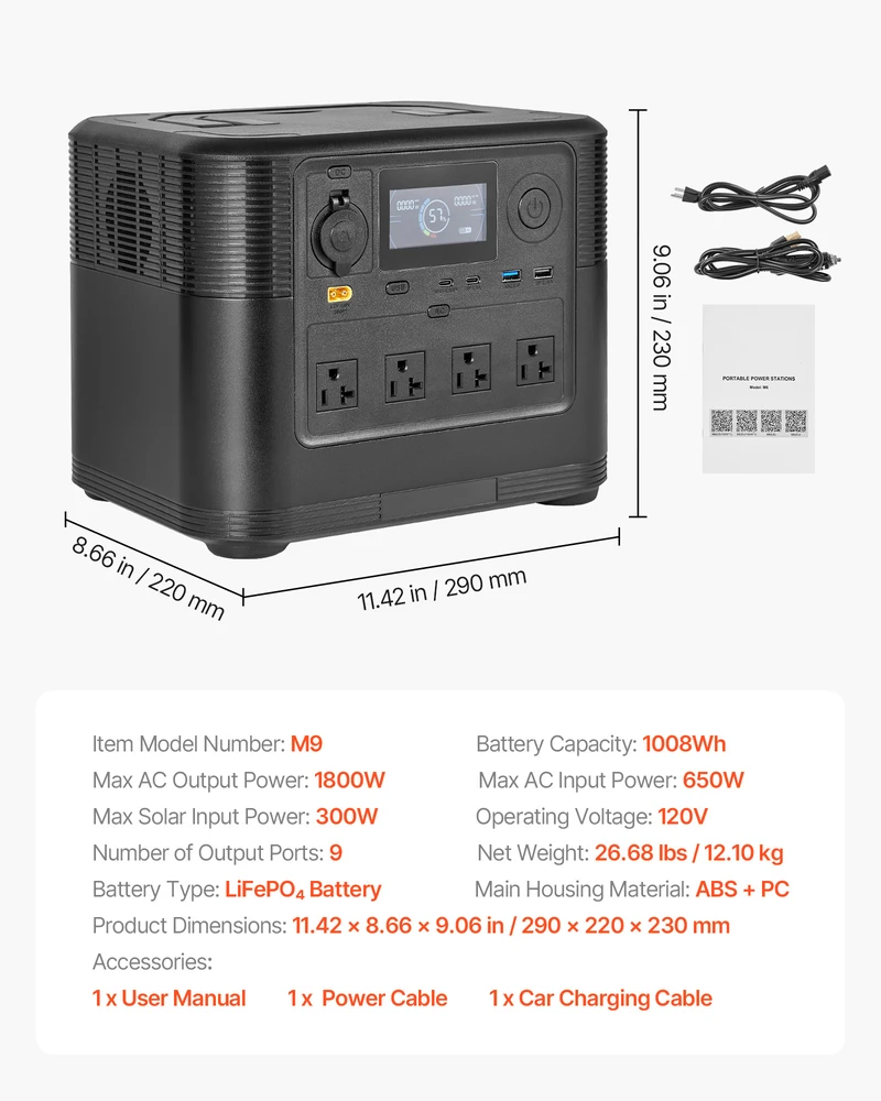 VEVOR Nešiojama saulės stotelė 1800W, 1008Wh