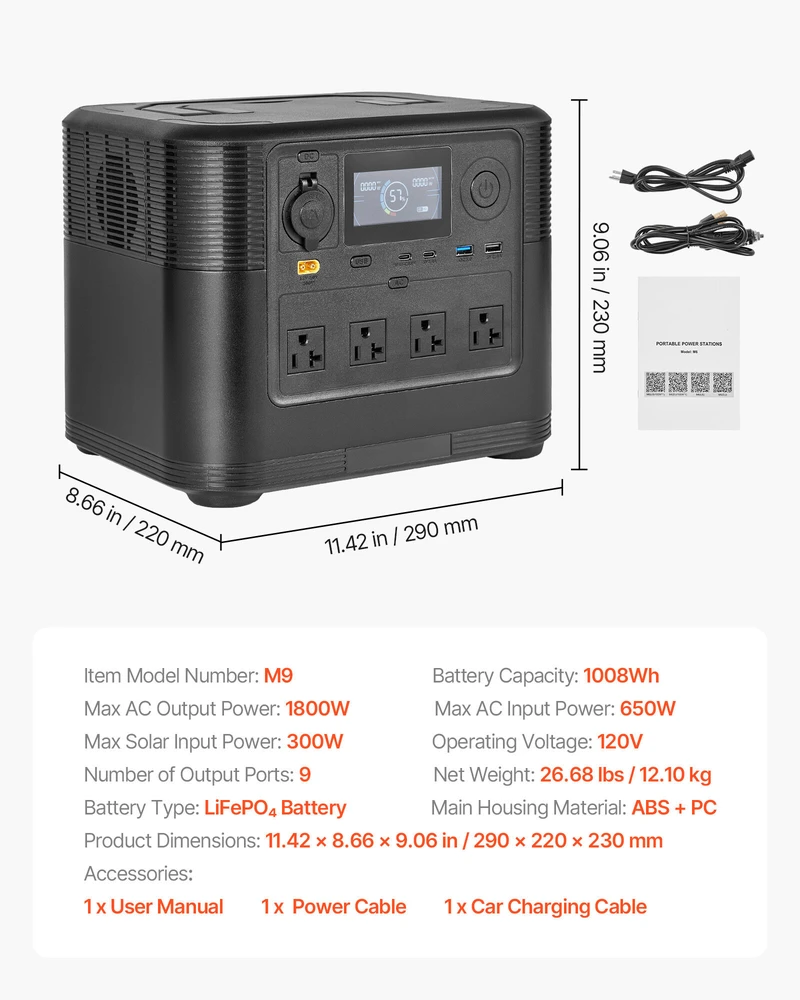 VEVOR Nešiojama saulės stotelė 1800W, 1008Wh