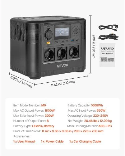 VEVOR Nešiojama saulės stotelė 1800W, 1008Wh