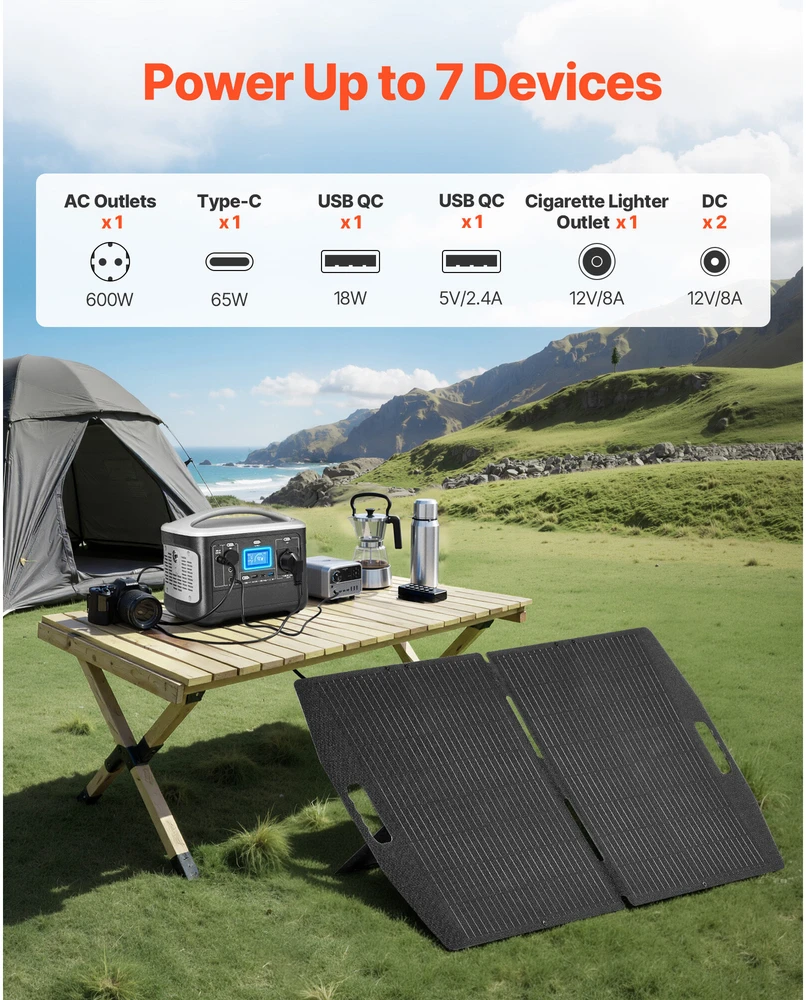 VEVOR Nešiojama saulės įkrovimo stotelė su 100W saulės panele