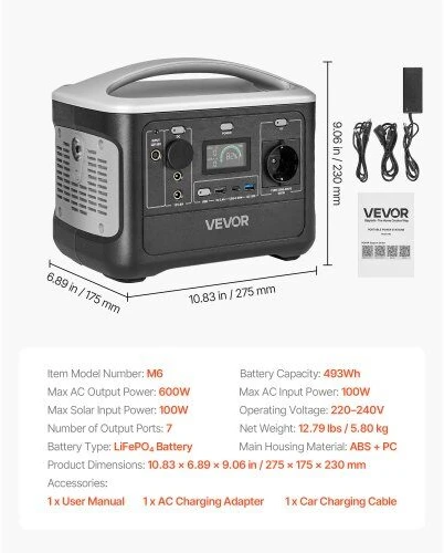 VEVOR Nešiojama 600W elektros stotis su LiFePO4 akumuliatoriumi