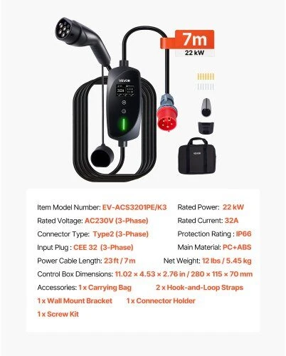 VEVOR Mobilus sieninis įkroviklis 22 kW 32A, 7 m