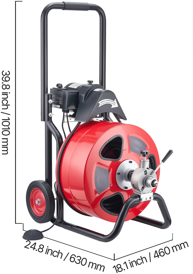 VEVOR Kanalizacijos vamzdžių valymo mašina 30m x 19mm, automatinis tiektuvas, su ratais