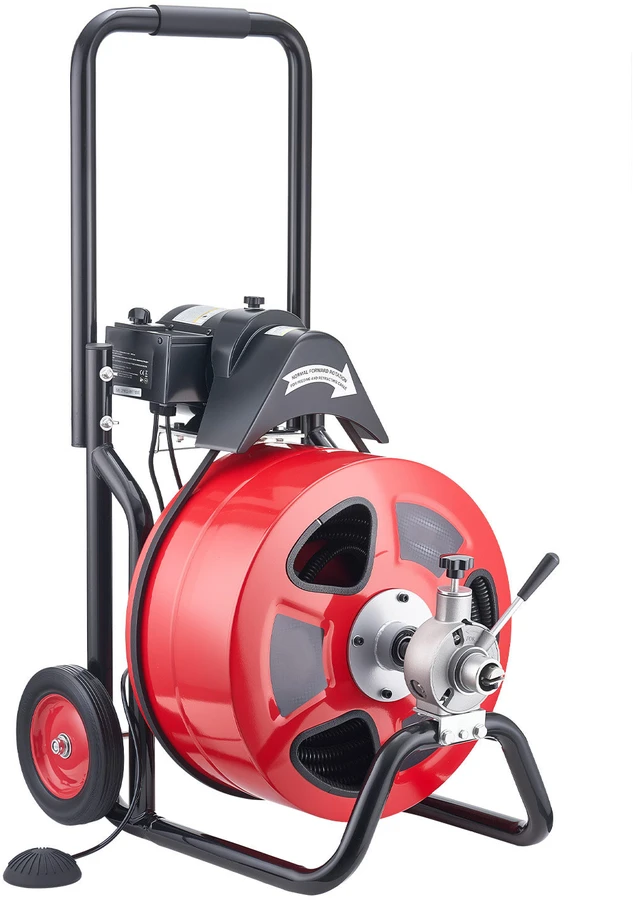 VEVOR Kanalizacijos vamzdžių valymo mašina 30m x 19mm, automatinis tiektuvas, su ratais