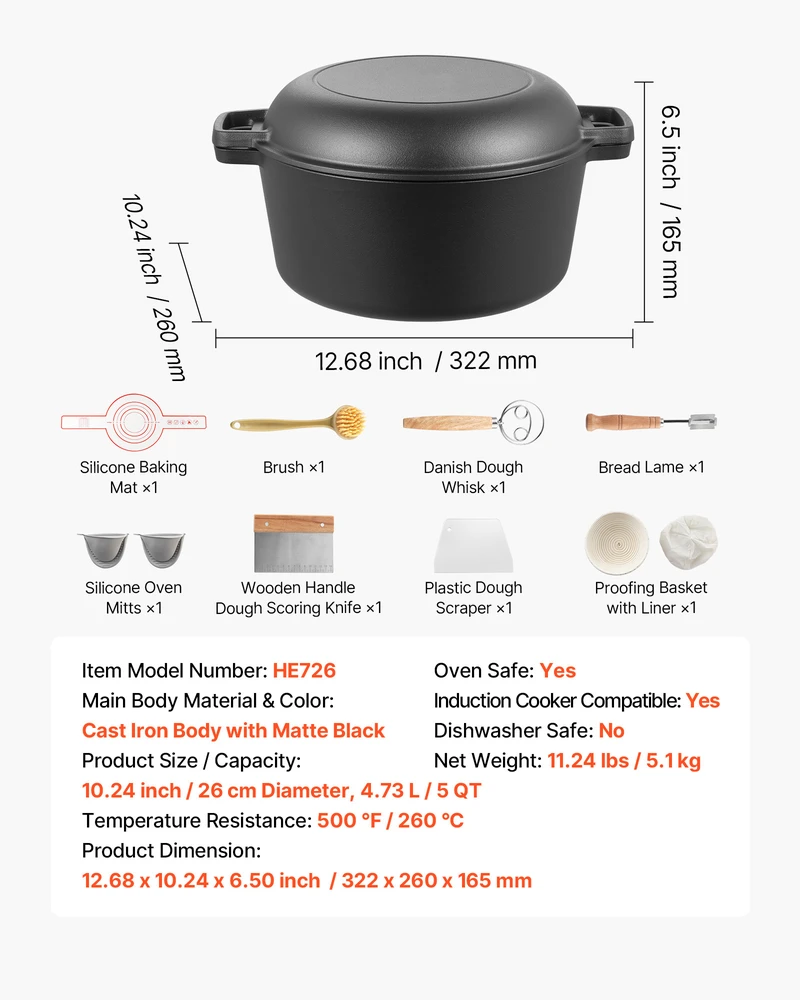 VEVOR ketaus puodas su keptuvės dangčiu 4,7 l