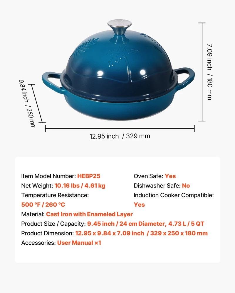 VEVOR Emaliuotas ketaus troškinimo puodas 4.7L
