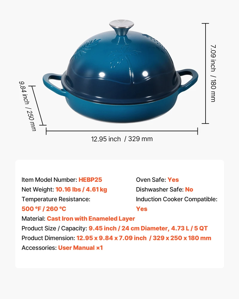 VEVOR Emaliuotas ketaus troškinimo puodas 4.7L