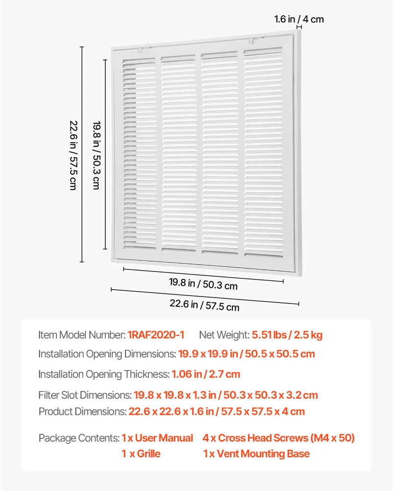VEVOR Oro filtro grilis W20 x H20