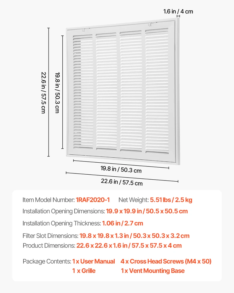 VEVOR Oro filtro grilis W20 x H20