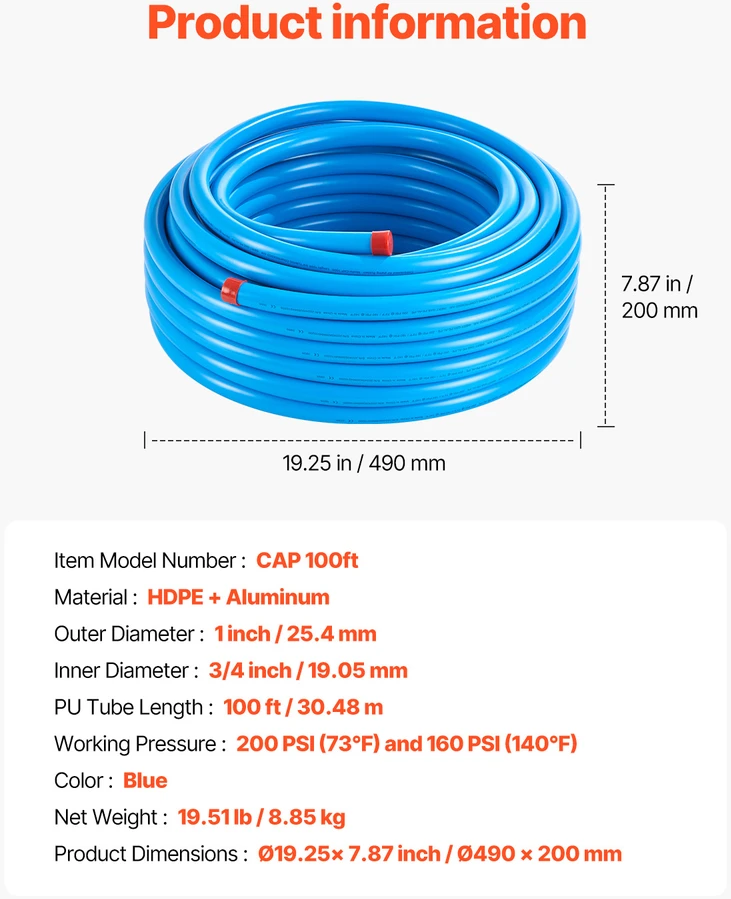VEVOR oro kompresoriaus vamzdžių rinkinys 3/4'' x 100FT mėlynas