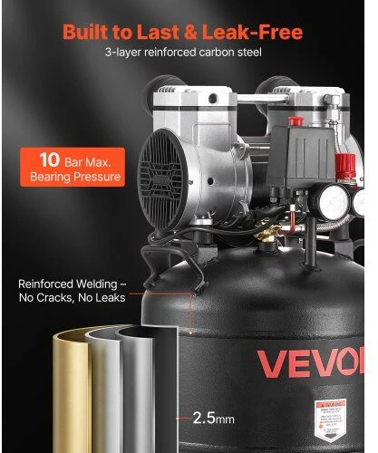 VEVOR 30L oro kompresorius, bealyvis vertikalus kompresorius automobilių remontui ir dažymui, 1.5KW variklis, 10 Bar maksimalus slėgis, suspausto oro talpa, pneumatinis siurblys