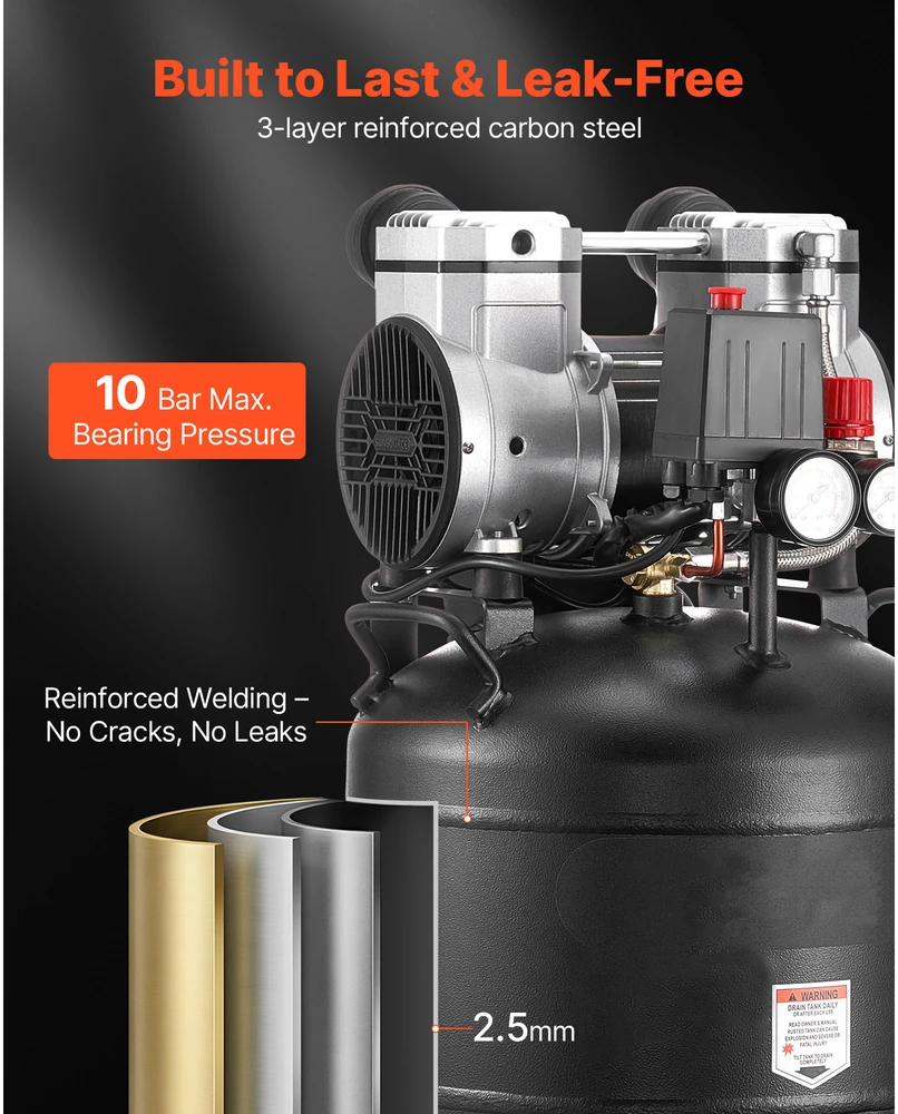 VEVOR 30L oro kompresorius, bealyvis vertikalus kompresorius automobilių remontui ir dažymui, 1.5KW variklis, 10 Bar maksimalus slėgis, suspausto oro talpa, pneumatinis siurblys