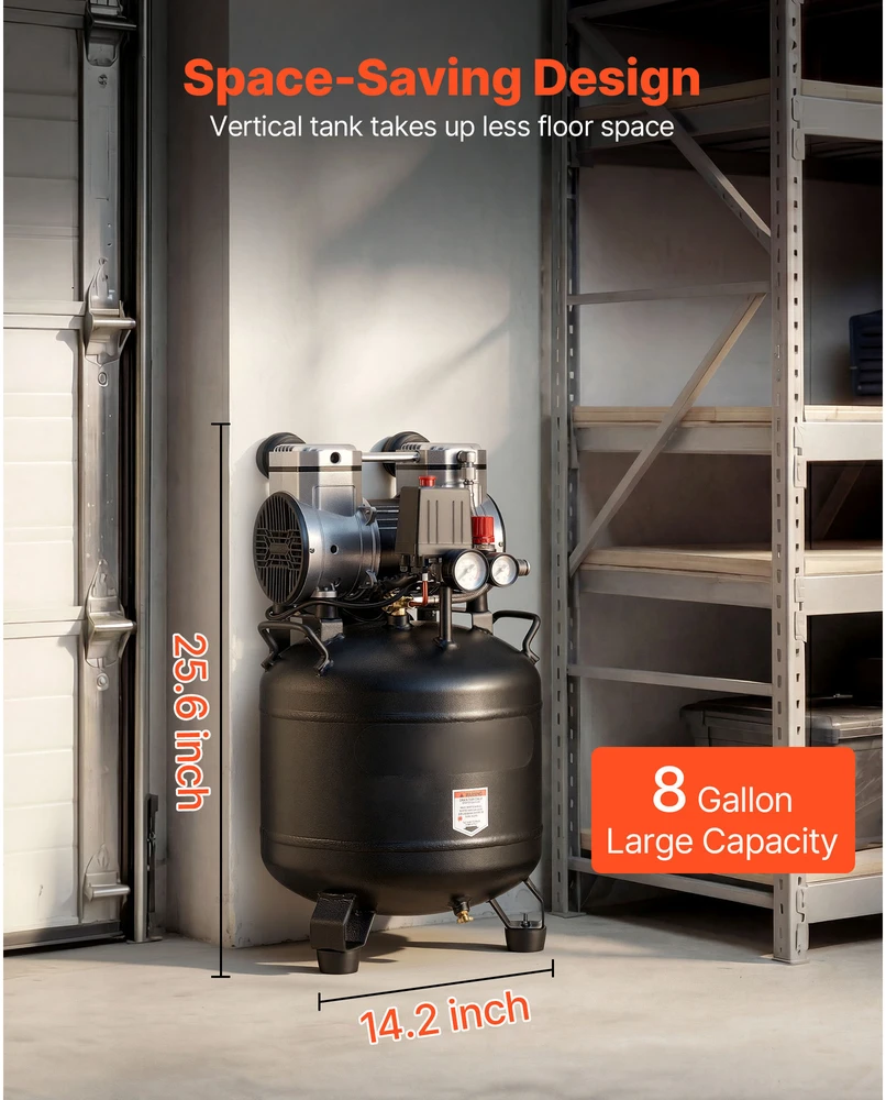 VEVOR 30L oro kompresorius, bealyvis vertikalus kompresorius automobilių remontui ir dažymui, 1.5KW variklis, 10 Bar maksimalus slėgis, suspausto oro talpa, pneumatinis siurblys